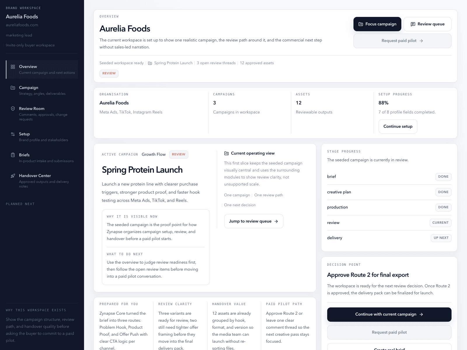 Screenshot des Zynapse Brand Workspace mit Sidebar, Kampagnenübersicht, Review-Status und nächster Aktion.